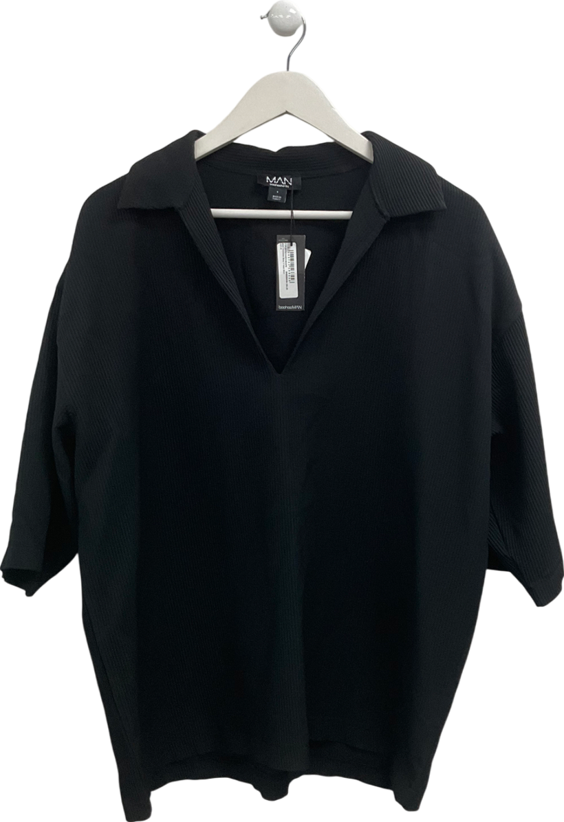 boohooMan Black Pleated Oversized Boxy Shirt UK S