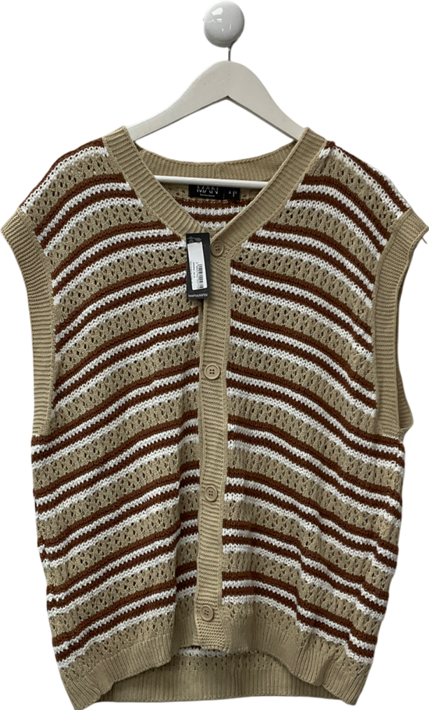 boohooMan Beige Button Knitted Vest Stone UK M