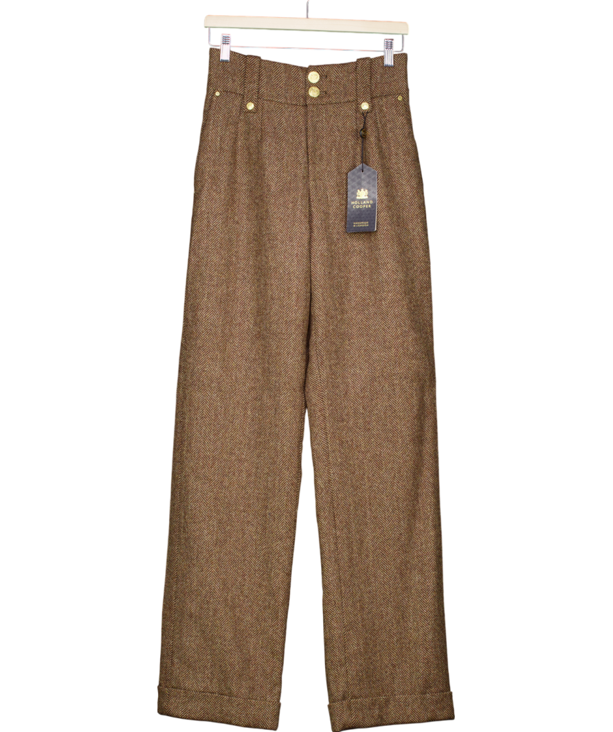 Holland Cooper Brown High Waisted Wide Leg Trousers With Turn Up UK 8