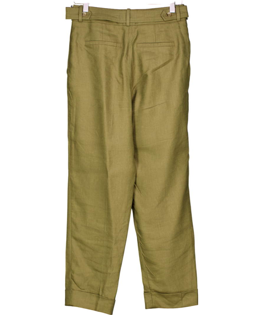 REISS Green Linen Blend Pleat Front Trousers With Fold Over Hem UK 4