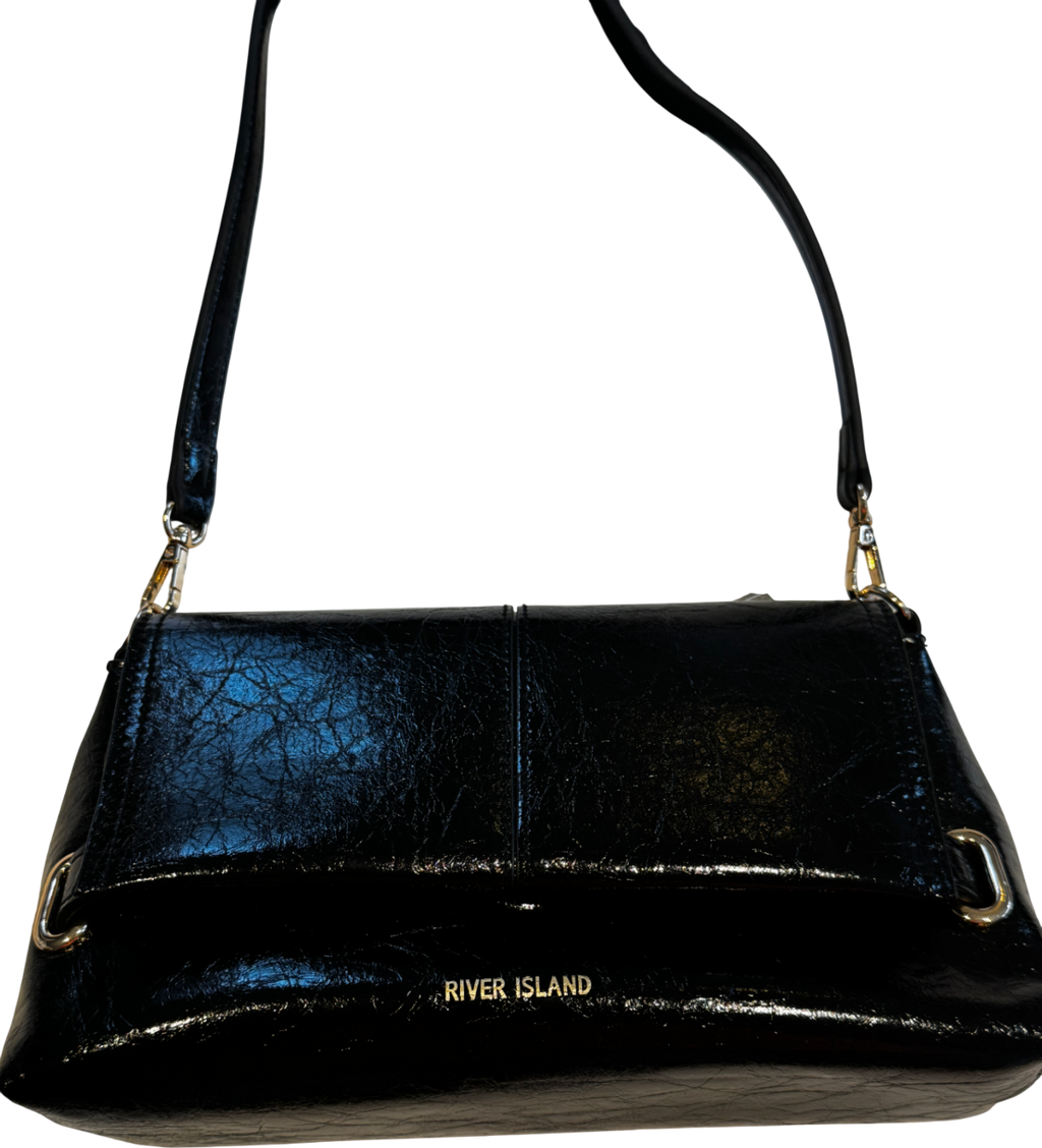 River Island Black Patent Shoulder Bag With Gold Hardware