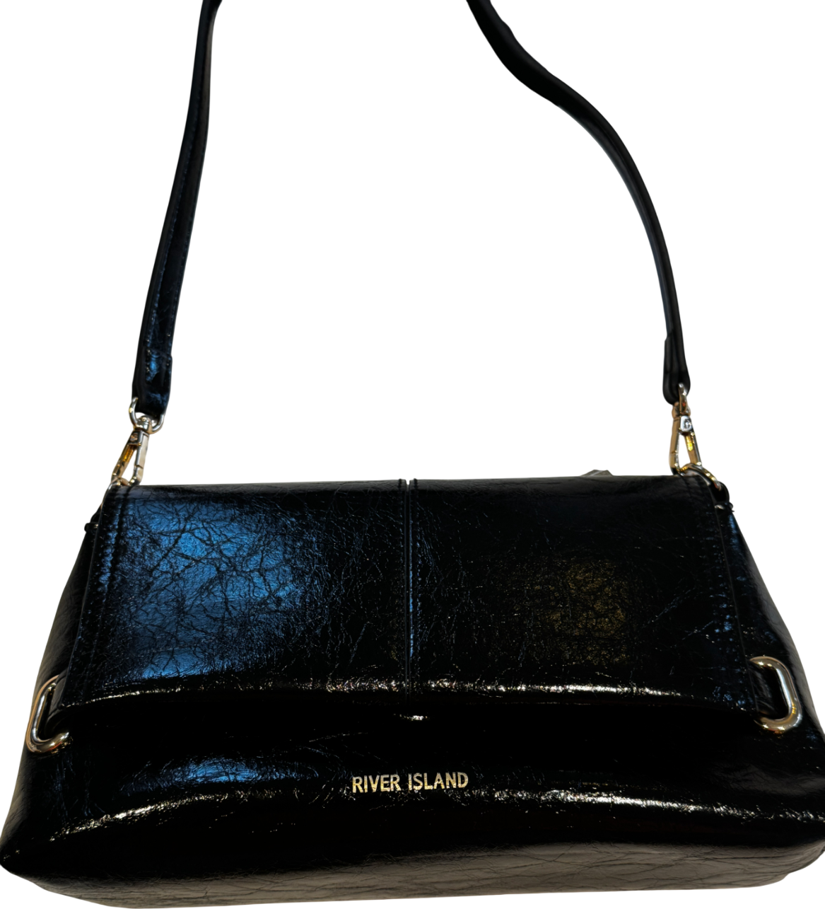 River Island Black Patent Shoulder Bag With Gold Hardware