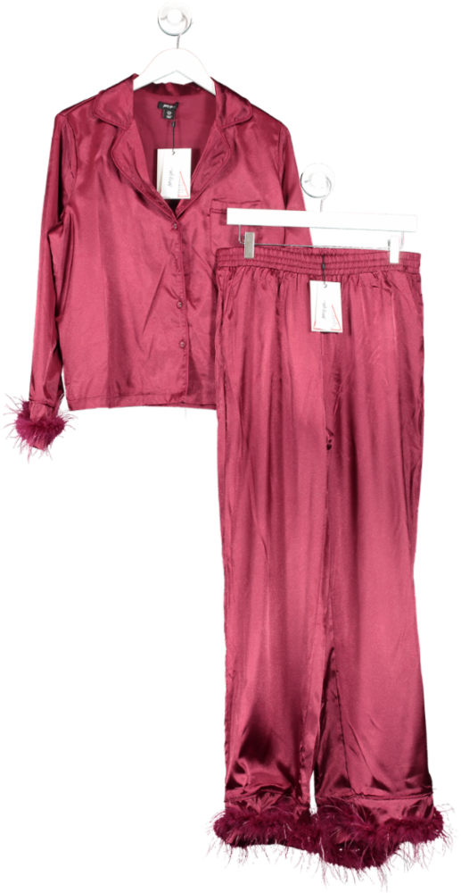 Nasty Gal Red Satin Feather Pajama Shirt & Pants Set UK 12