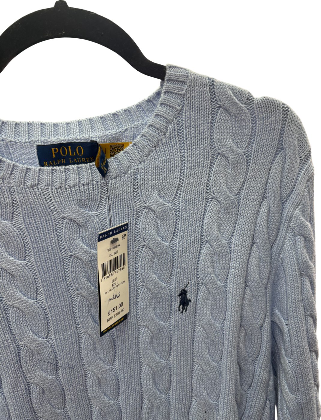 Polo Ralph Lauren Blue Cotton Cable Knit Sweater UK L