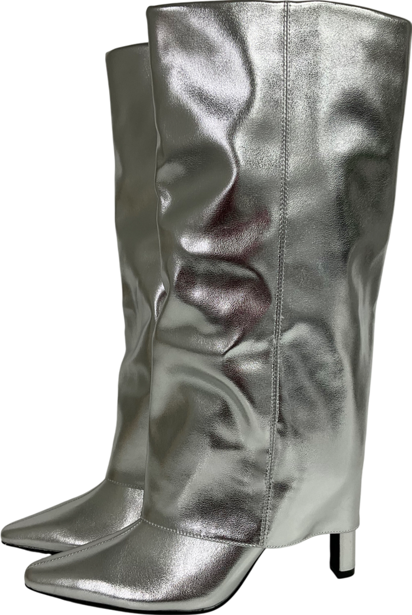 Next Metallic Silver Forever Comfort® Knee High Cuffed Boots UK 4 EU 37 👠