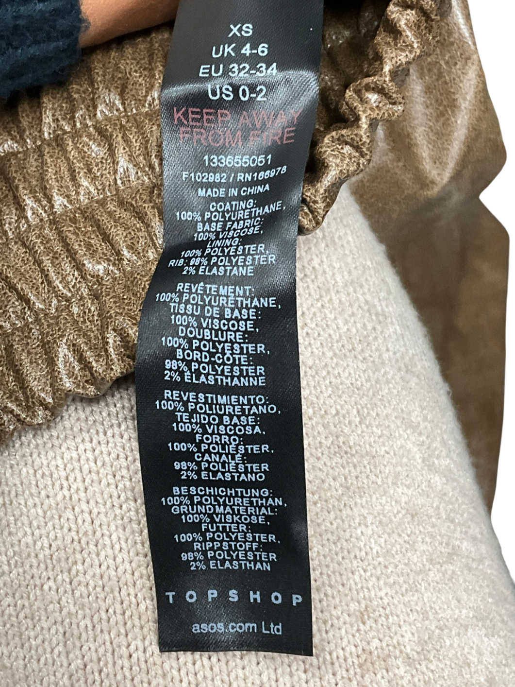 Topshop Faux Leather Bomber Jacket In Washed Brown UK XS