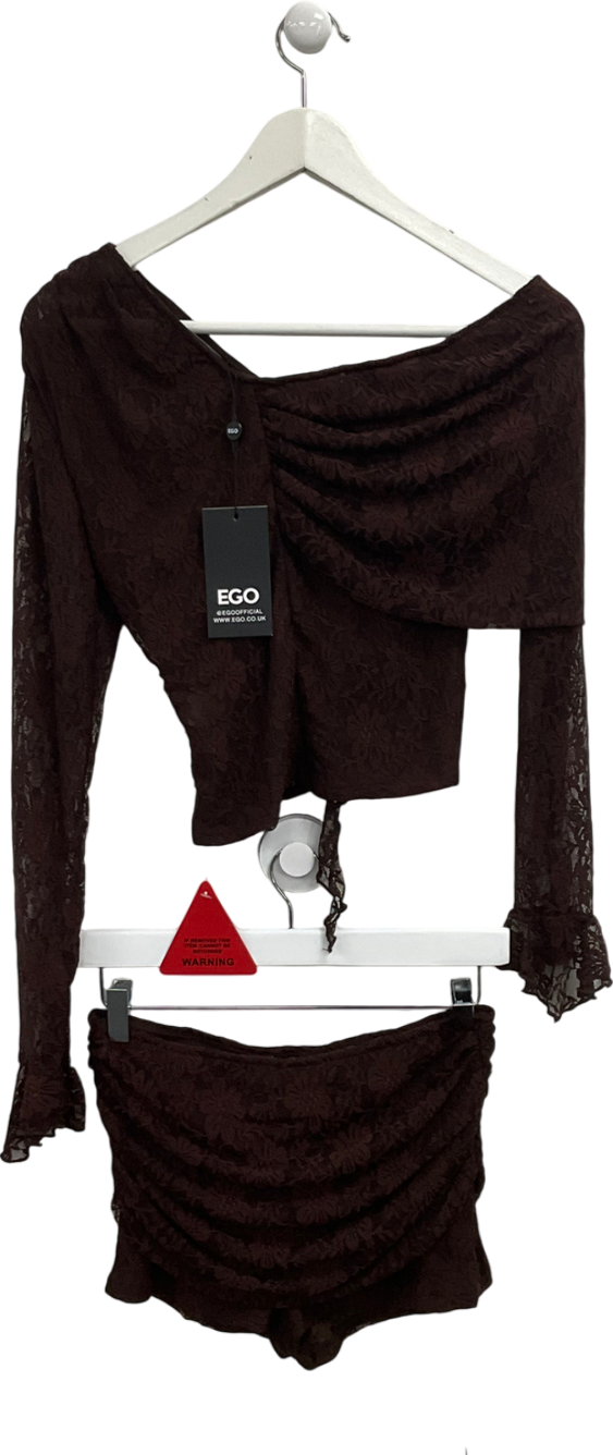 Ego Brown Asymmetric Lace Off The Shoulder Top And Low Rise Fold Over Booty Shorts UK 8