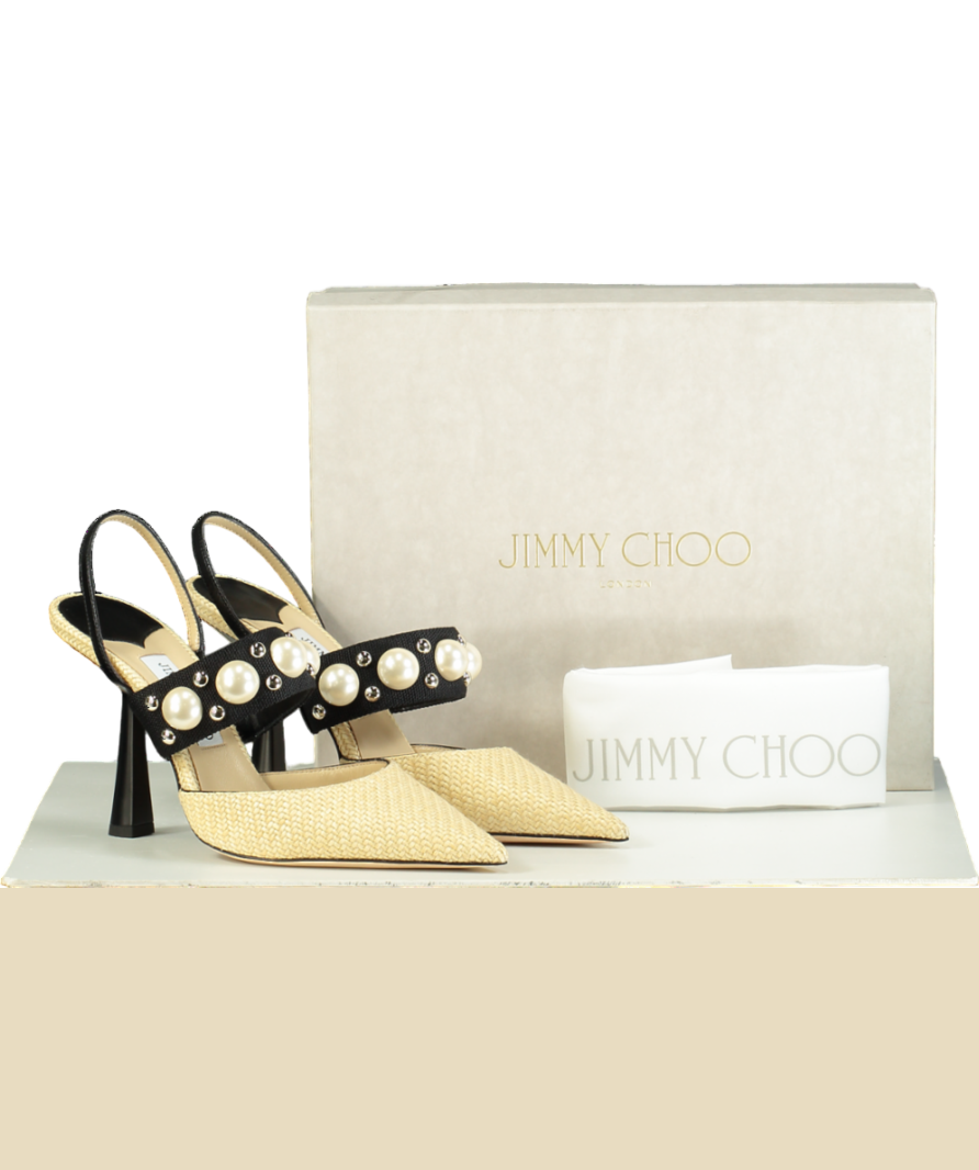 Jimmy Choo Natural raffia Breslin 100mm Pearl detail Singback Pumps UK 6.5 EU 39.5 👠