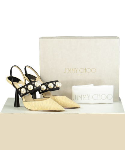 Jimmy Choo Natural raffia Breslin 100mm Pearl detail Singback Pumps UK 6.5 EU 39.5 👠