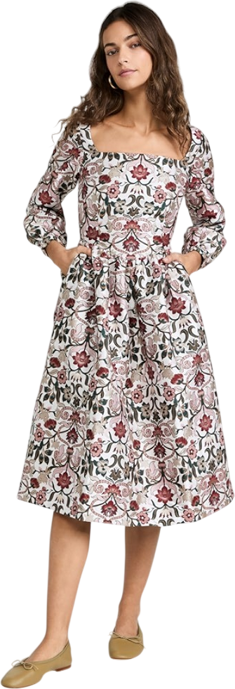 MEADOWS Cream Long Sleeve Floral Jacquard Midi Dress UK 14