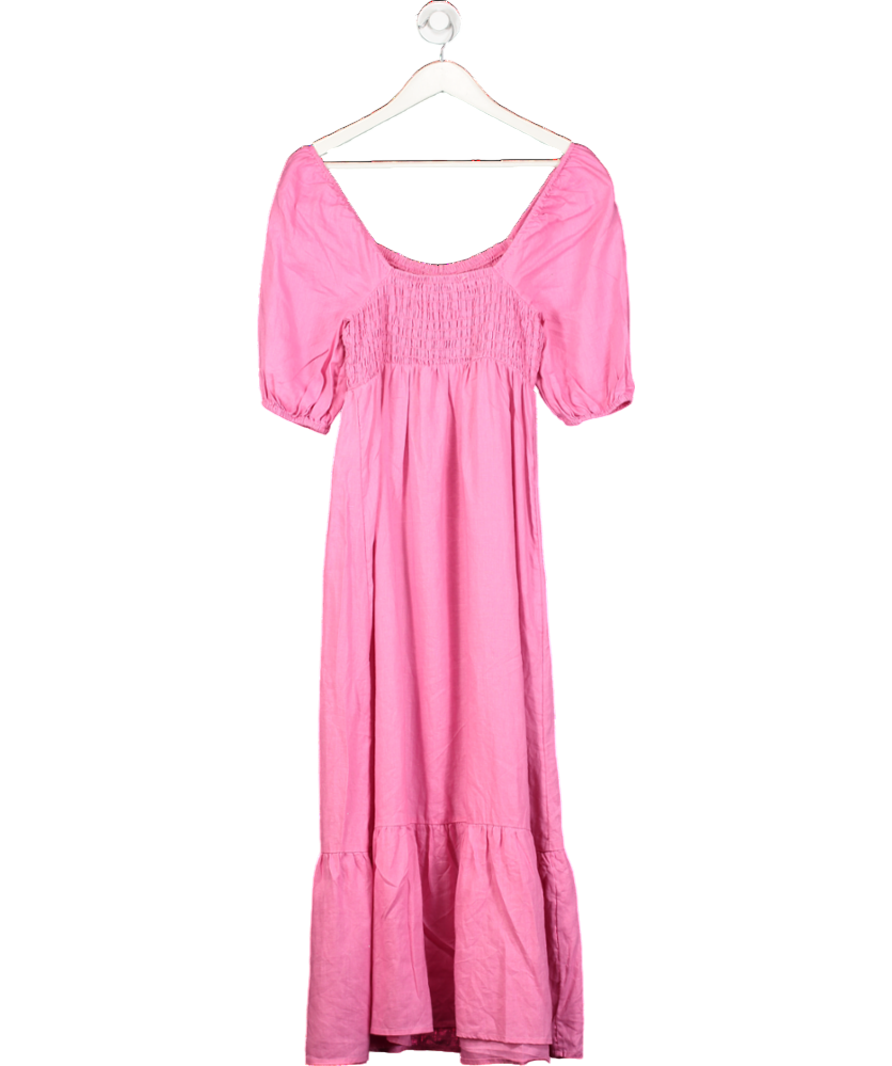 Mint Velvet Pink Puff Sleeve Linen Midi Dress - Brightpink UK 10