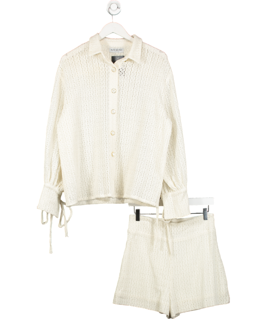 theALMOND White Crochet Collard Long Sleeve Top With Matching Shorts Set UK S/M