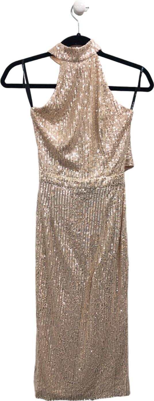 Lavish Alice Beige Sequin Halterneck Midi Dress UK 6