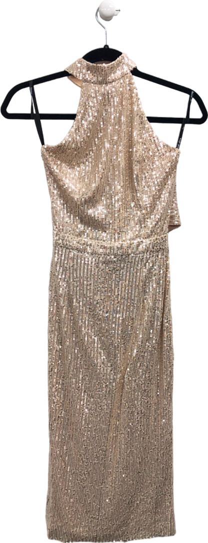 Lavish Alice Beige Sequin Halterneck Midi Dress UK 6