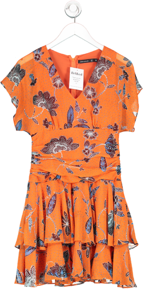 Karen Millen Orange Graphic Floral Woven Mini Dress UK 10