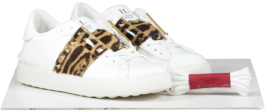 White Valentino Garavani Leather Open Leopard Sneakers UK 4 EU 37 👠