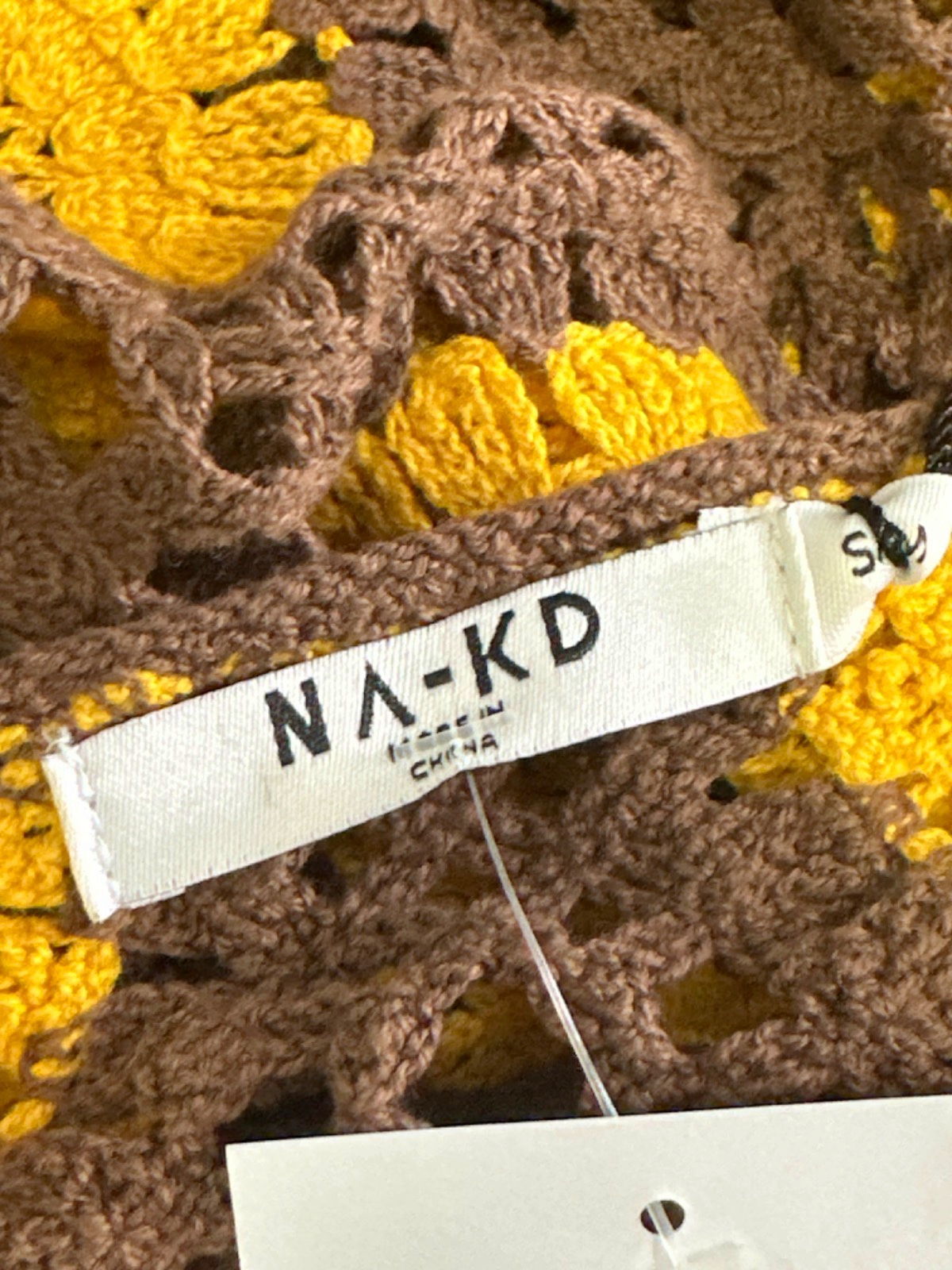 NA-KD Brown/Yellow Crochet Knitted Thin Strap Maxi Dress UK S/M