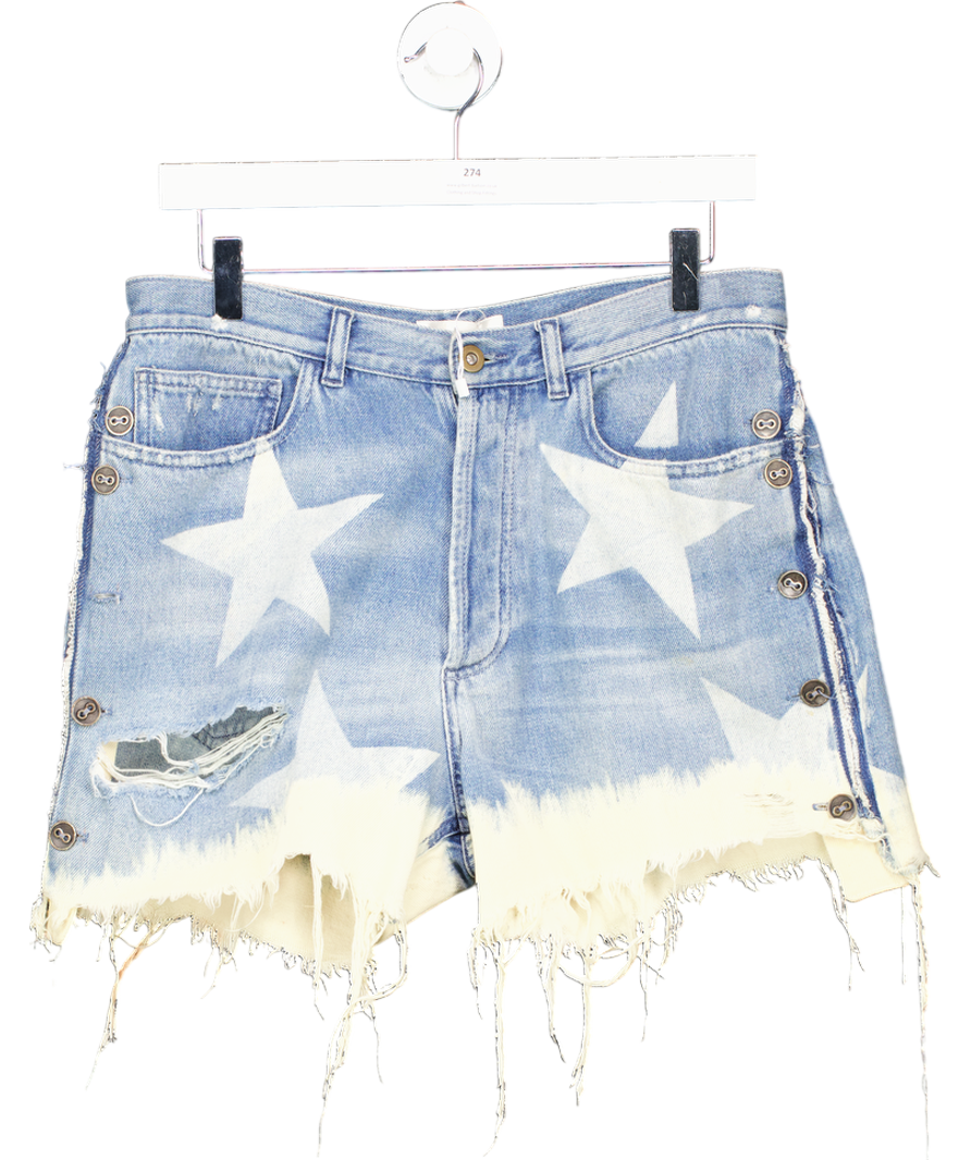 faith connexion Blue Denim Bleach Star Mini Shorts UK L