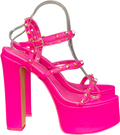 Public Desire Stefania Hot Pink Studded Cage Platform Round Toe Block Heels UK 6 EU 39 👠