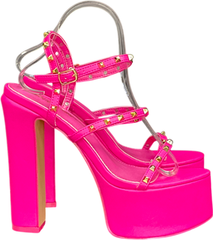 Public Desire Stefania Hot Pink Studded Cage Platform Round Toe Block Heels UK 6 EU 39