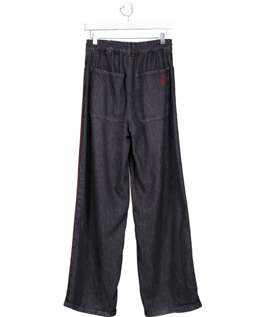 Damson Madder Dark Blue Denim Wide Leg Trousers With Red Side Embroidery Details UK 10