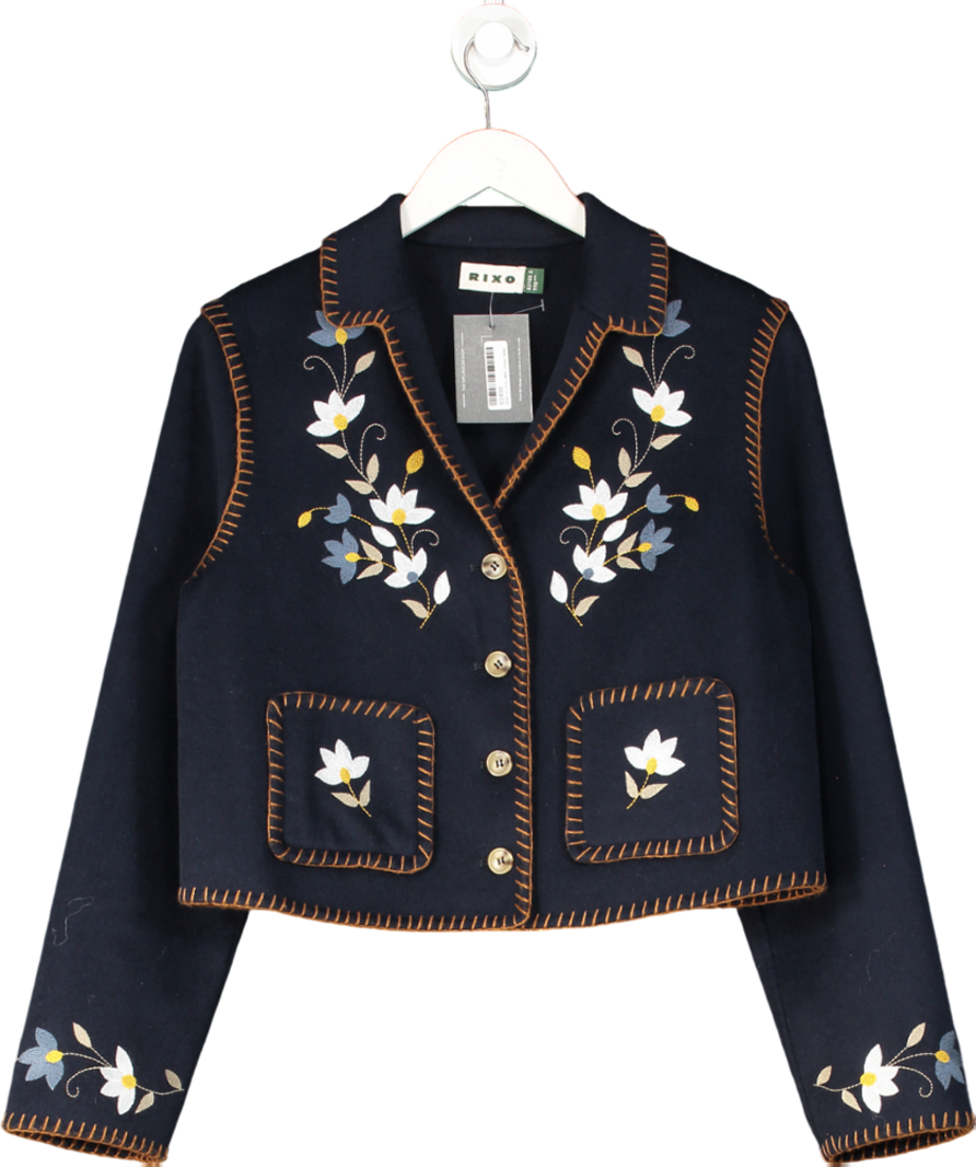 Rixo Blue Sunday Embroidered Wool Blend Jacket UK 8