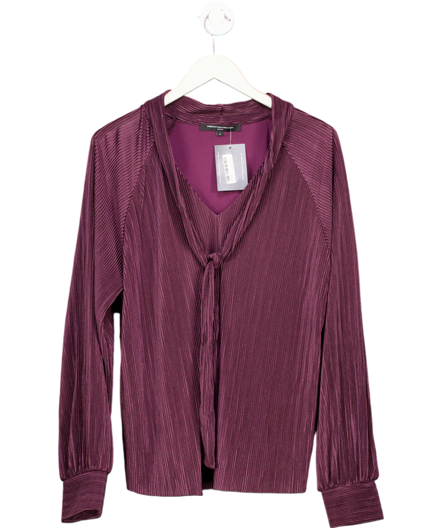French Connection Rylah Plisse Long Sleeve Tie Neck Shirt - Mulberry Purple UK XL