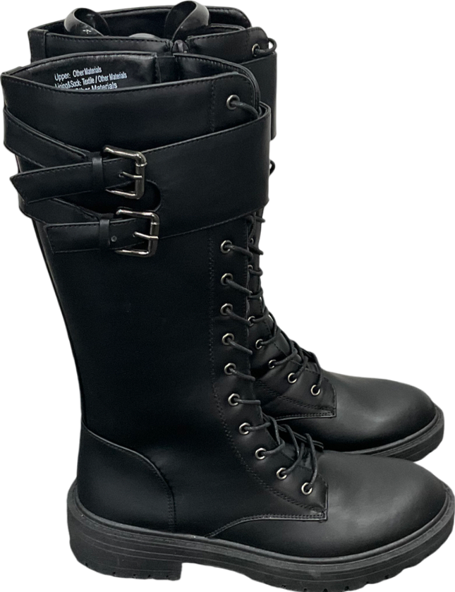 Be You Black Knee High Buckle Strap Lace Up Boots UK 6 EU 39 👠