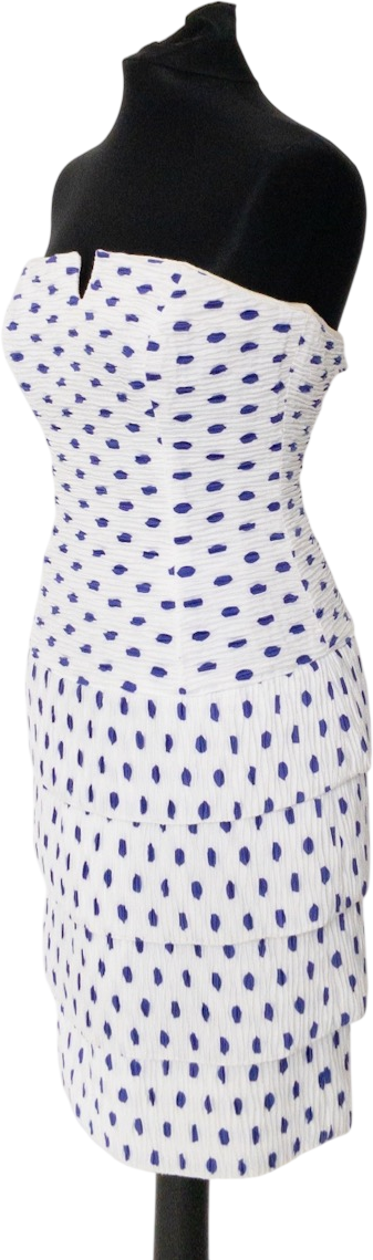 CAROLINE CHARLES LONDON White / Blue Polka Dot Tiered Structured Occasion Dress UK 10