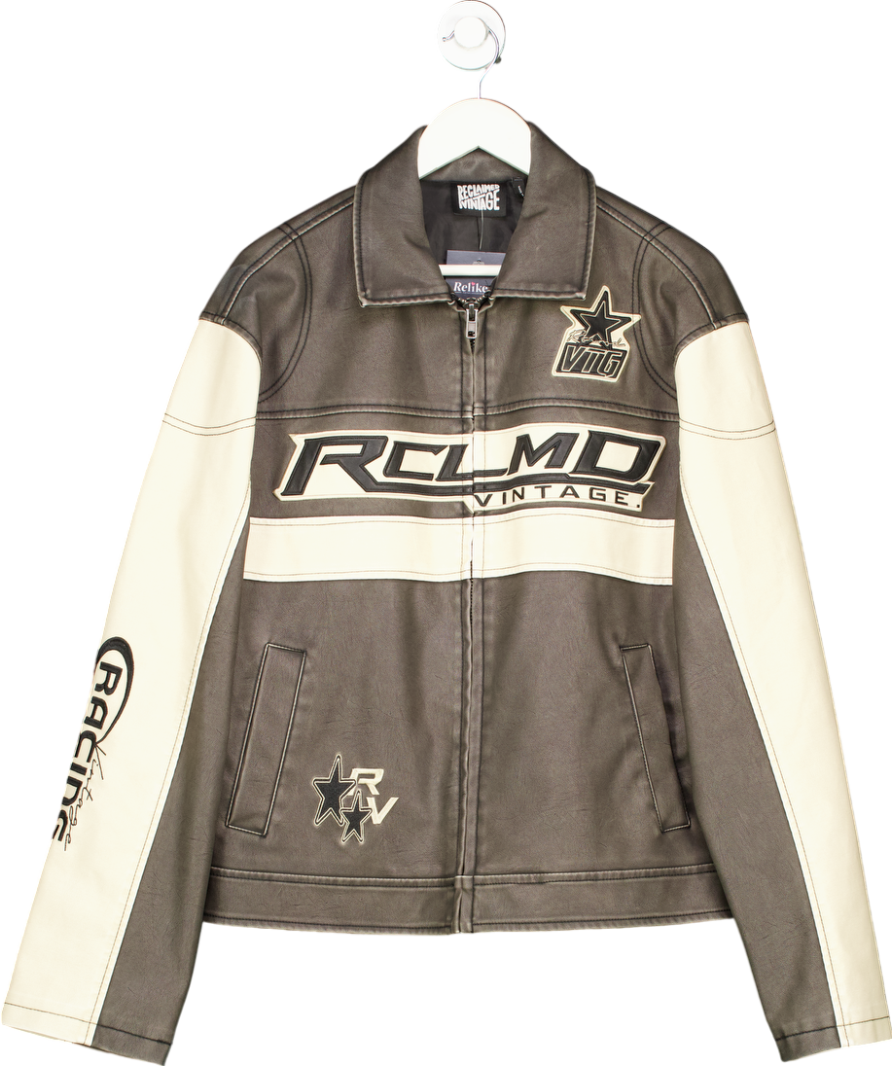 Reclaimed Vintage Brown Unisex Leather Look Washed Bomber Jacket With Branding UK 8