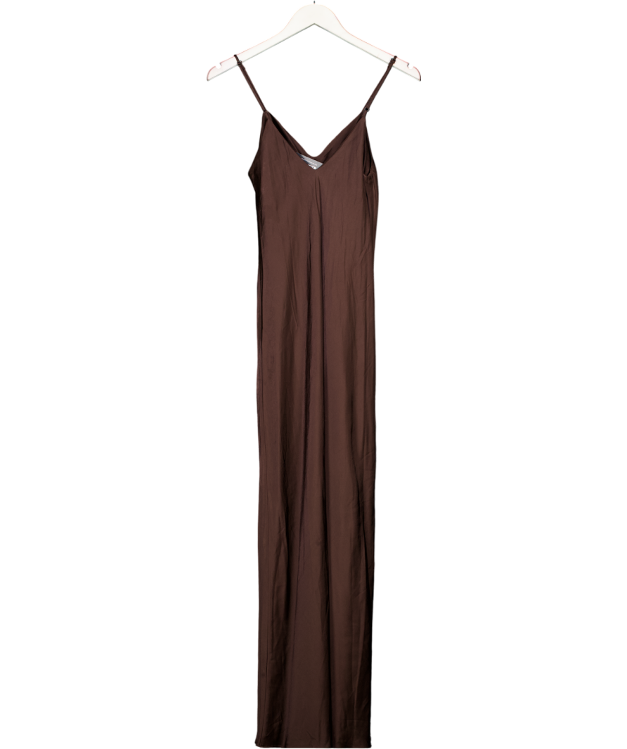 ZARA Chocolate Brown Ruched Front Satin Maxi Dress UK XS