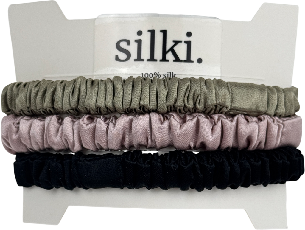 SILKI. Green Set Of 3 Luxury 100% Mulberry Silk Hair Scrunchies - Olive Green/pink/black One Size