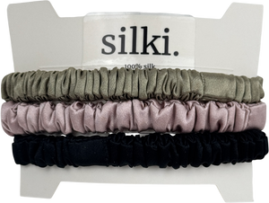 SILKI. Green Set Of 3 Luxury 100% Mulberry Silk Hair Scrunchies - Olive Green/pink/black One Size