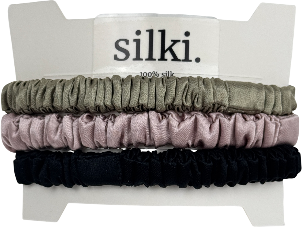 SILKI. Green Set Of 3 Luxury 100% Mulberry Silk Hair Scrunchies - Olive Green/pink/black One Size