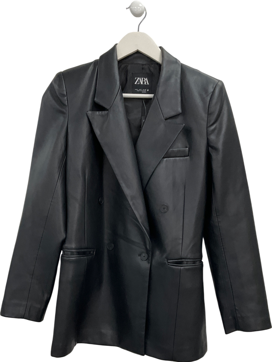 ZARA Black Double-breasted Faux Leather Blazer UK S