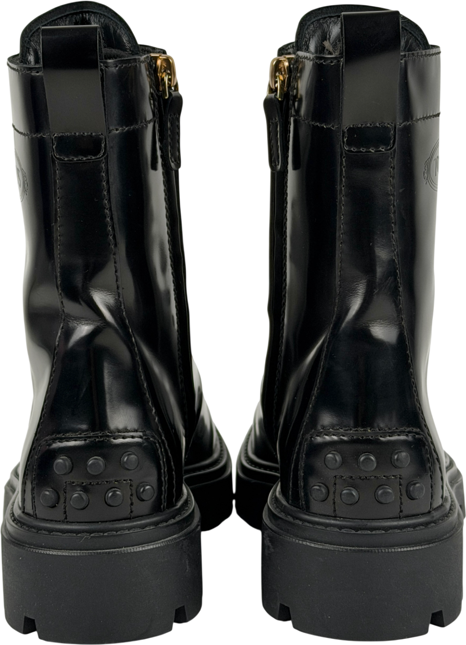 Tod's Black Embellished Glossed-leather Combat Boots UK 4 EU 37 👠