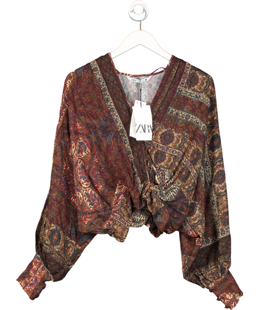 ZARA Brown Paisley Printed Wrap front Blouse UK XS