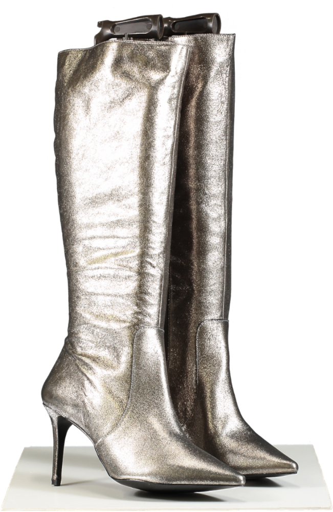 SOSANDAR Metallic Pewter Stiletto Leather High Heel Boots UK 8