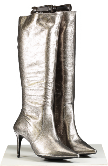 SOSANDAR Metallic Pewter Stiletto Leather High Heel Boots UK 8