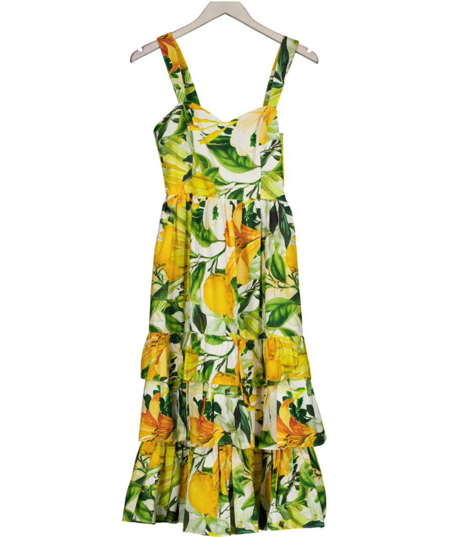 H&M Yellow / Green Floral Tiered Cotton Poplin Dress UK 8