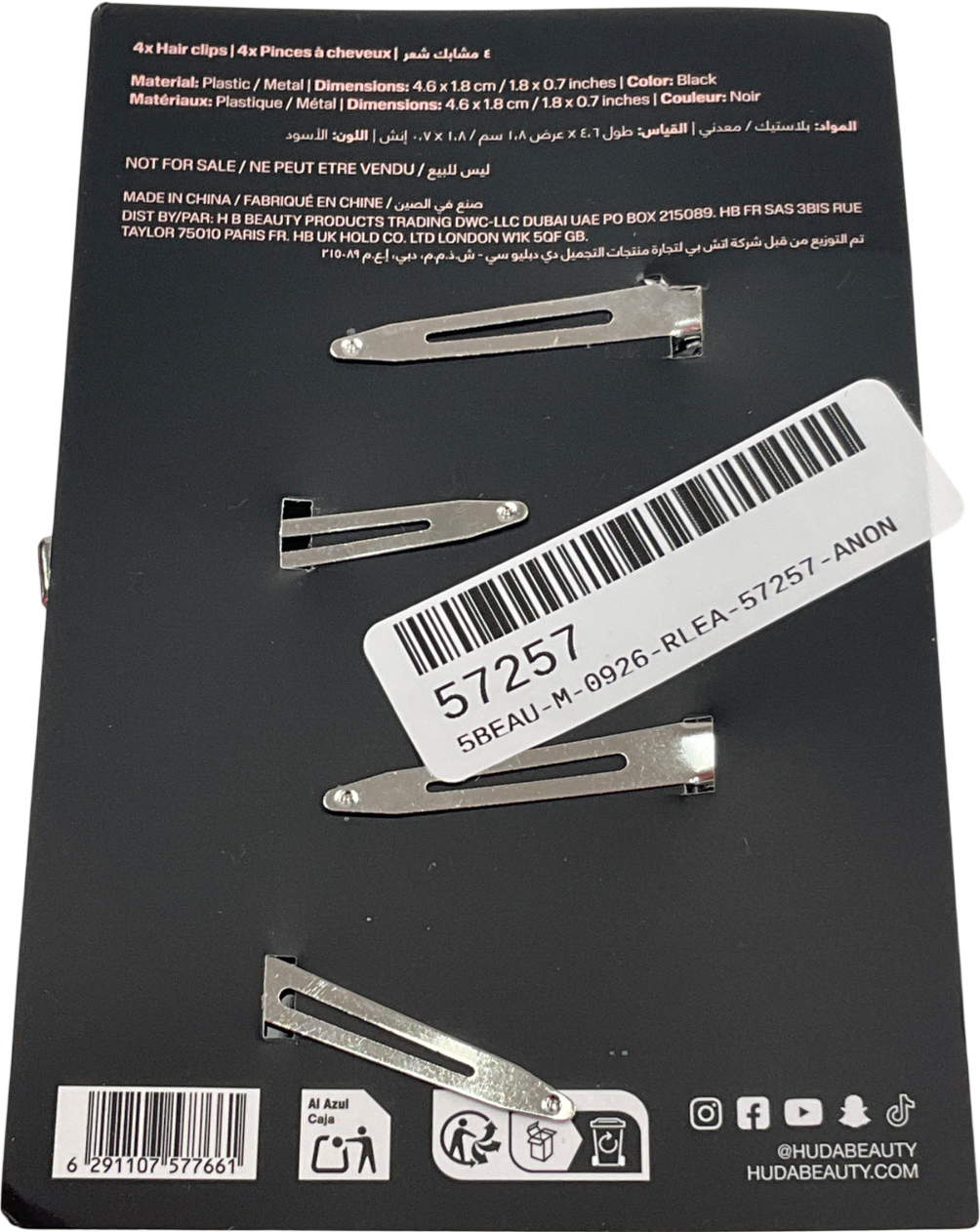 Huda Beauty X4 Black Metal Hair Clips One Size