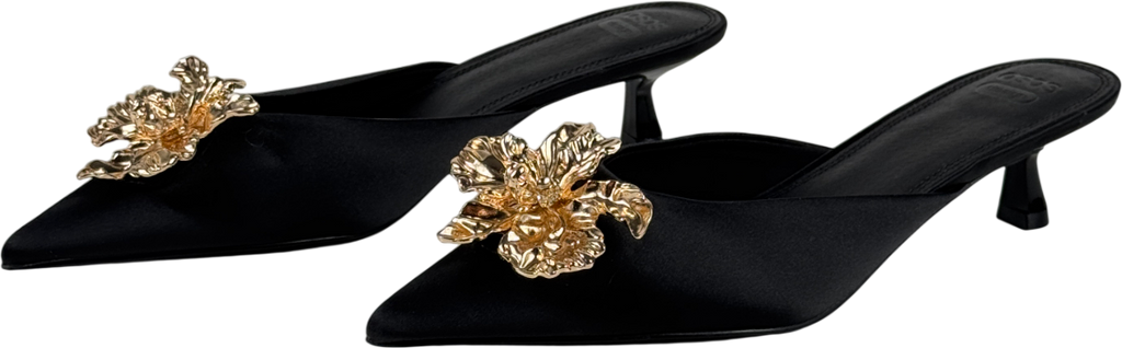 ASOS Design Savvy Flower Trim Detail Mid Heel Mules In Black Satin UK 7 EU 40 👠
