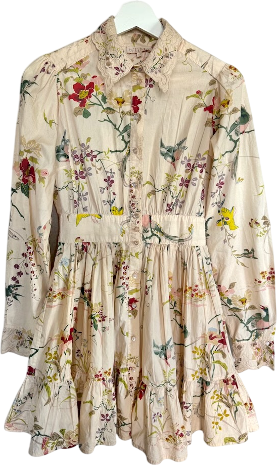 ByTIMO Cream Floral Print Cotton Lace Collar Mini Long Sleeved Dress UK S