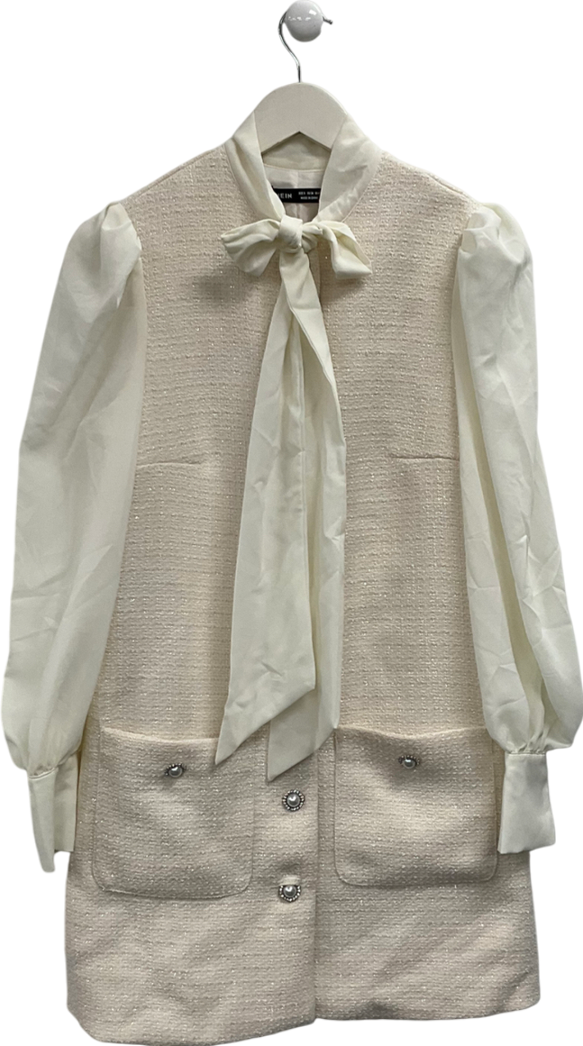 Cream Tweed Dress With Chiffon Sleeves UK S