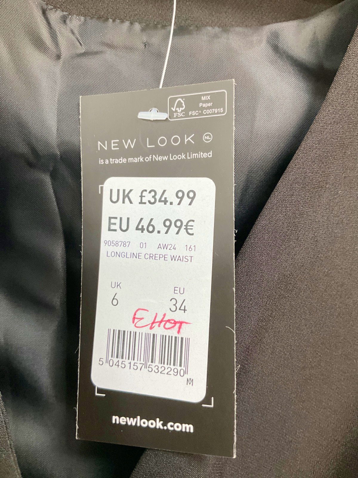 New Look Black Longline Crepe Waistcoat UK 6