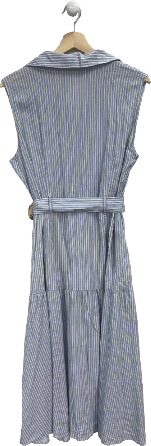 Mango Blue and White Striped Belted Sleeveless Linen Dress UK L