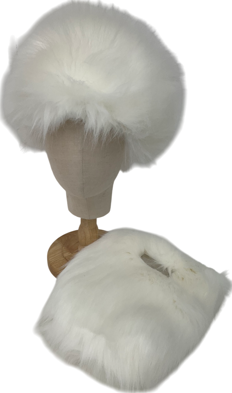 Huda Beauty White Faux Fur Bag And Hat Set