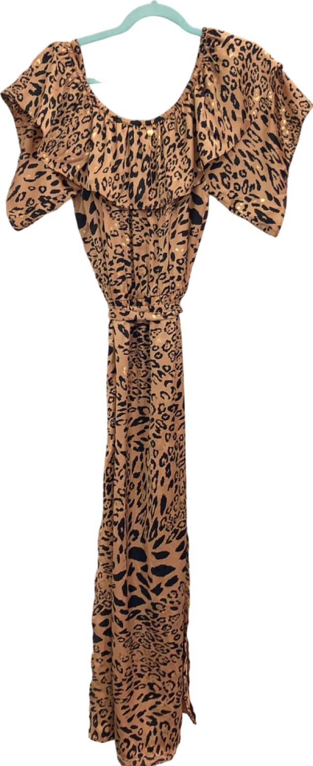 NAIA Leopard Halle Bardot Frill Maxi Dress Golden Leopard UK M