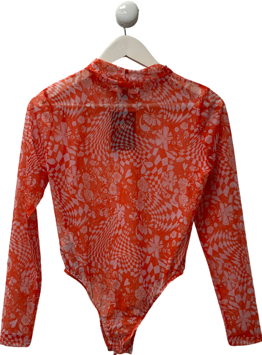 New Girl Order Orange Print Mesh Mock Neck Bodysuit UK 10