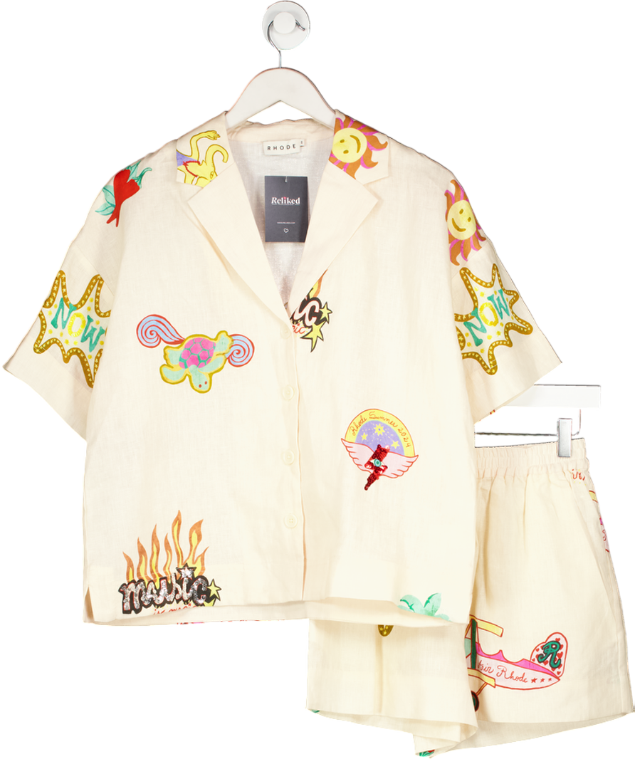 RHODE RESORT Cream 2-piece Linen Nola Shirt And Audrina Shorts In Do Re Mi Print ⁠ UK XS